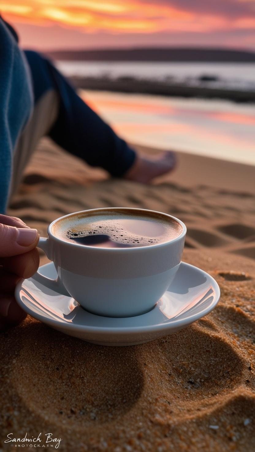 Coffee by Sandwich Bay at sunset